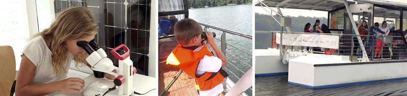 a)	Mädchen schaut durch ein Mikroskop b) kleiner Junge schaut durch ein Fernglas über den See. c) Boot auf dem Wasser mit Kindern an Bord