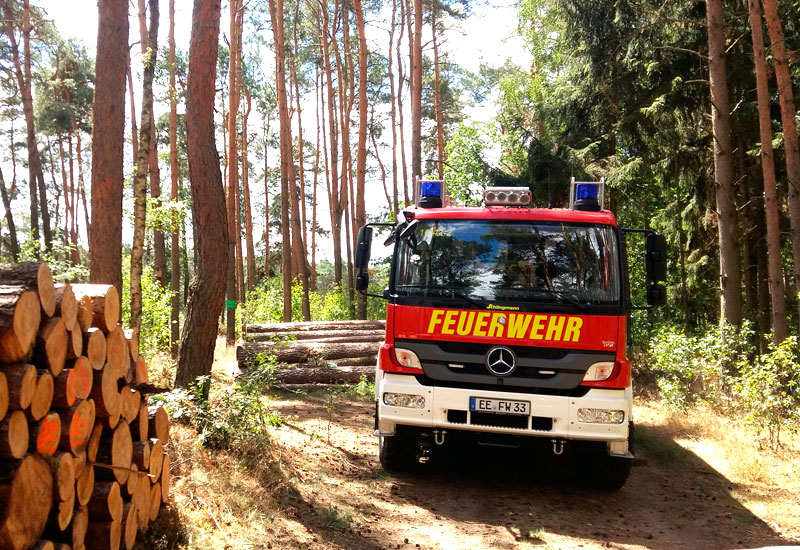 Ein Bild, das Wald, einen Holzstapel und ein Feuerwehrauto enthält.