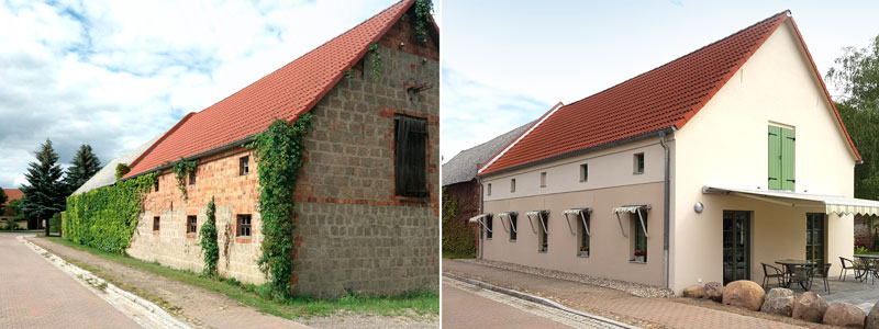 Bild links: Ein altes Stallgebäude vor der Sanierung. Rechts: Das Gebäude nach der Sanierung. 