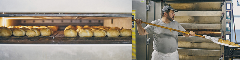 Foto links: Bild mit Ofen und zahlreichen Brötchen darin. Foto rechts: Bild mit Bäcker, der Brötchen aus dem Ofen herausholt.