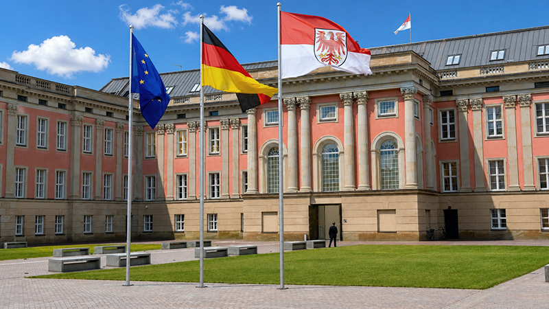 Das Bild enthält den Landtag Brandenburg mit Flaggen der EU, der Bundesrepublik Deutschland und des Landes Brandenburg davor.