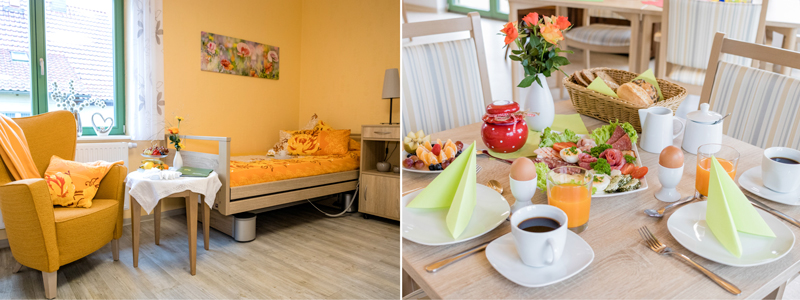 Foto links: Ein gelbes Zimmer mit Bett, Sessel und Tisch. Foto rechts: Ein gedeckter Frühstückstisch mit Aufschnitt, Eiern und Obst.