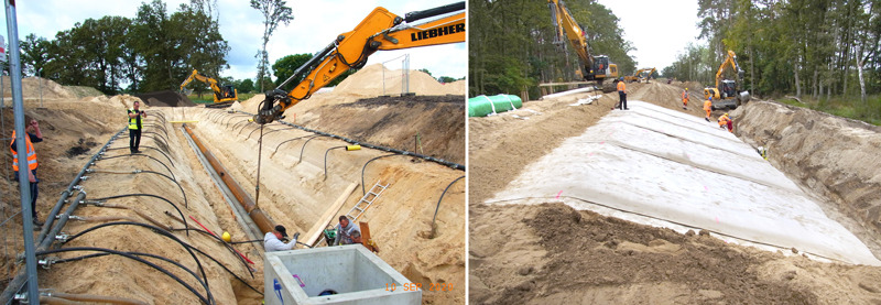 Bauarbeiten in einem Graben, Verlegung von Leitungen.  Baustelle für Deichbau mit Bauarbeitern und Baggern.