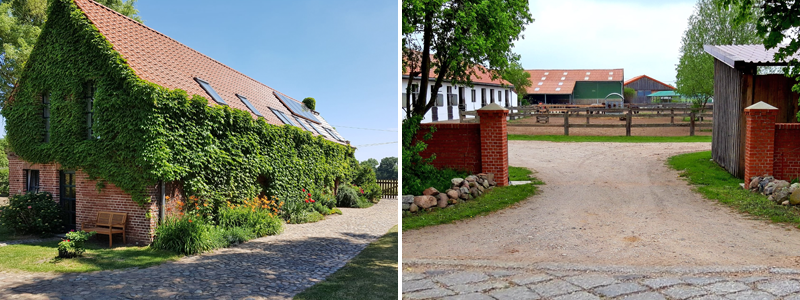 Fotocollage, die links ein altes Backsteingebäude mit Grünpflanzen an den Wänden enthält und rechts die Einfahrt zu einem Pferdehof.