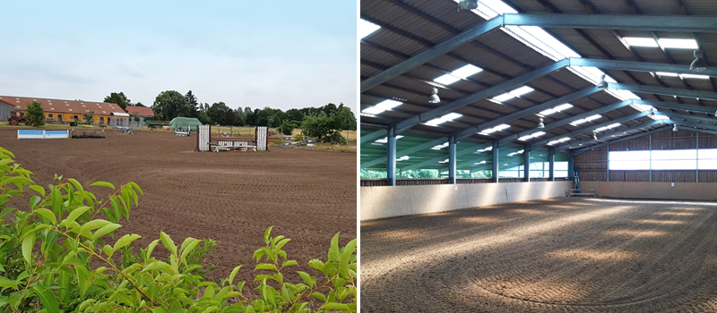 Fotocollage die lings einen großen Reitplatz und rechts die Innenansicht einer Reithalle enthält.