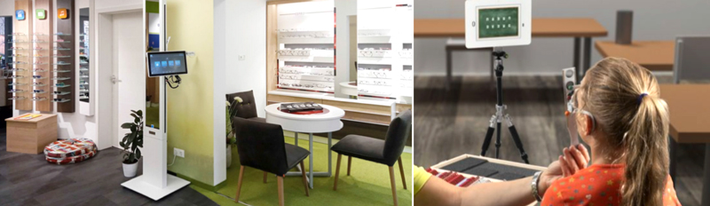 Foto links: Optikergeschäft mit Brillen und Sitzgruppe. Foto rechts: Ein Mädchen sitzt vor einem Stativ mit genormten Sehzeichen.