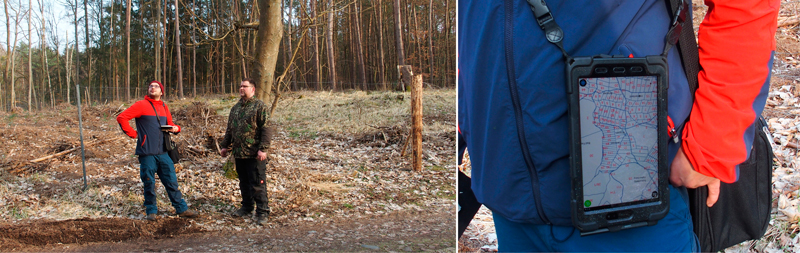Links: ein Bild, das zwei Personen im Wald, Boden, und Bäume enthält. Rechts: ein Bild, dass einen Lageplan auf einem mobilen Bildschirm enthält.