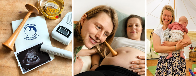 Bilder zeigen Hebammen-Instrumente sowie eine Hebamme beim Abhören eines Bauches einer Schwangeren
