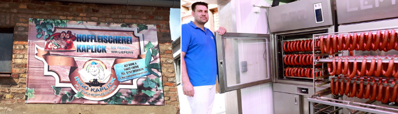 Links: ein Bild, das das Firmenschild der Hoffleischerei Kaplick enthält. Rechts: ein Bild, das eine Person und große Kühlschränke für Wurst enthält.