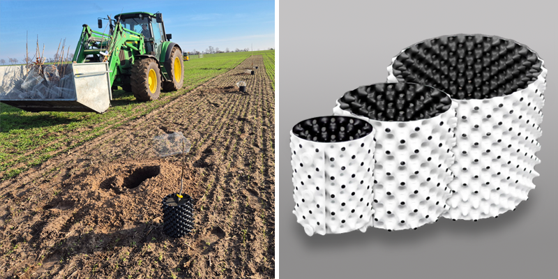 Bider zeigen einen Traktor auf einem Feld und die innovativen Air-Pots