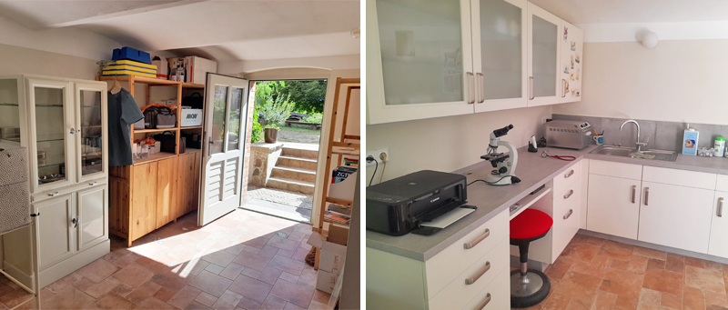 Die Bilder enthalten zwei Ansichten eines Lager- und Laborraums für eine Tierarztpraxis.