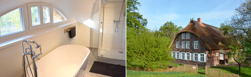Bild links: Badezimmer mit Badewanne und Dusche. Bild rechts: Großes Haus mit Reetdach, Himmel, Bäume und Wiese.