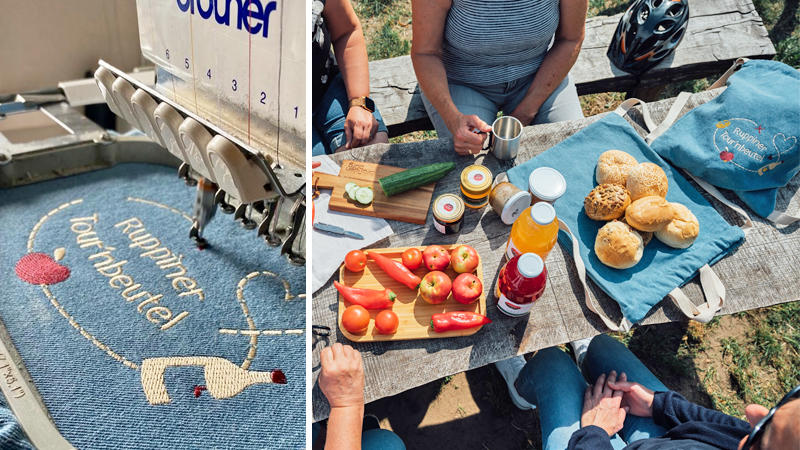 Das Bild enthält eine Stickmaschine, die einen Beutel bestickt – im Bild daneben liegt der Beutel auf einer Picknicktafel.