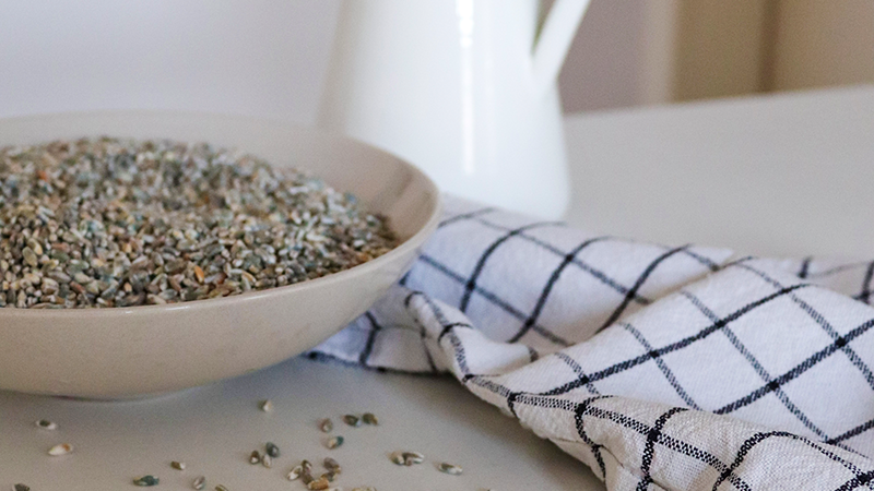 Bild enthält eine Schale mit Roggen und eine Kanne im Hintergrund.
